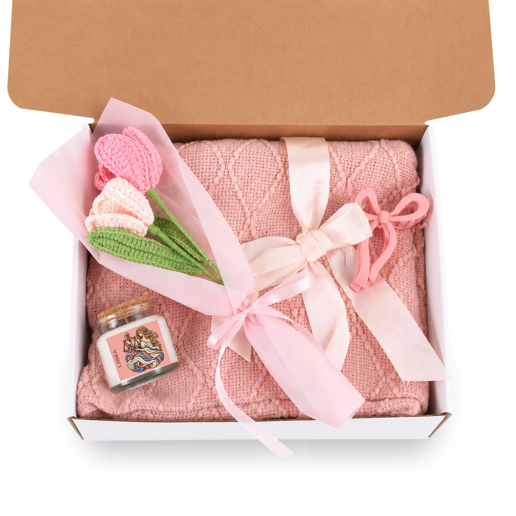 Libra Gift Set: Candle, Pink Knit Blanket, Bow Clip & Crochet Bouquet